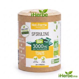 Nat et Form Spiruline Bio 3000 mg  200 Comprimés Tonus et Vitalité original maroc iherbe.ma